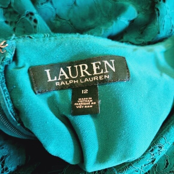 Ralph Lauren Lace Ruffle Off Cold Shoulder Dress Emerald Green Knee Length Party - Picture 13 of 14